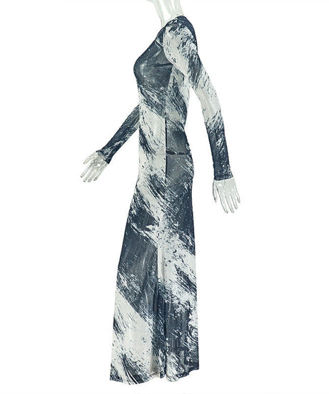 Fall Artistry Mesh Maxi Dress | Long Sleeve Abstract Brushstroke Sheer Bodycon