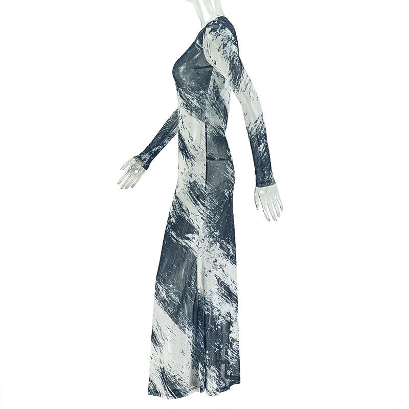Fall Artistry Mesh Maxi Dress | Long Sleeve Abstract Brushstroke Sheer Bodycon