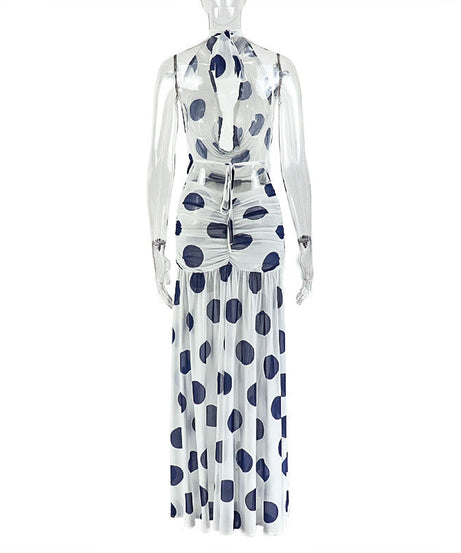 Chic Polka Dot Halter Maxi Dress - Ruched Mesh & High Slit for Fall Getaways