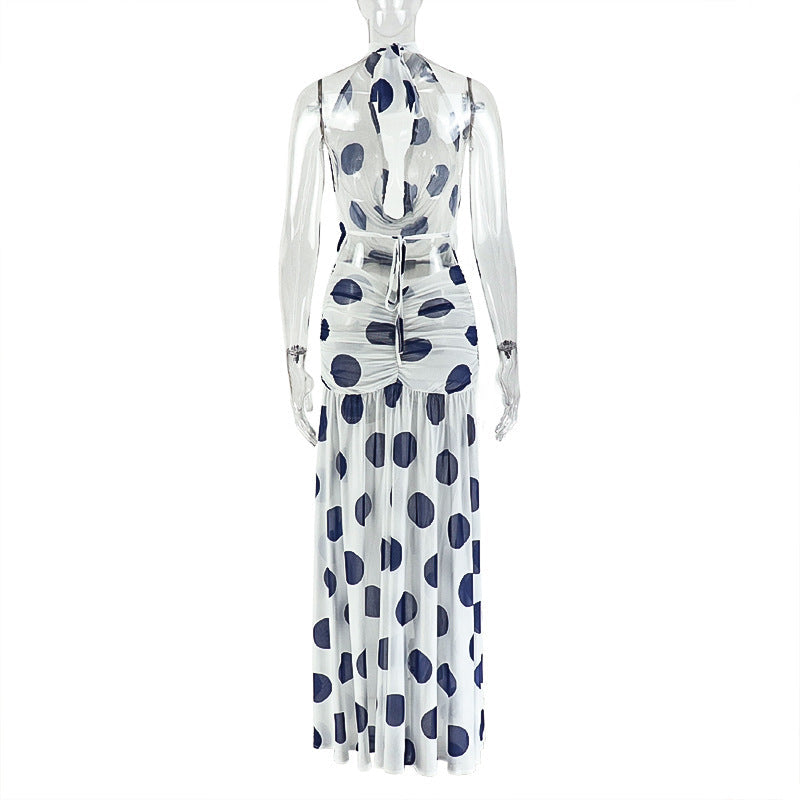 Chic Polka Dot Halter Maxi Dress - Ruched Mesh & High Slit for Fall Getaways