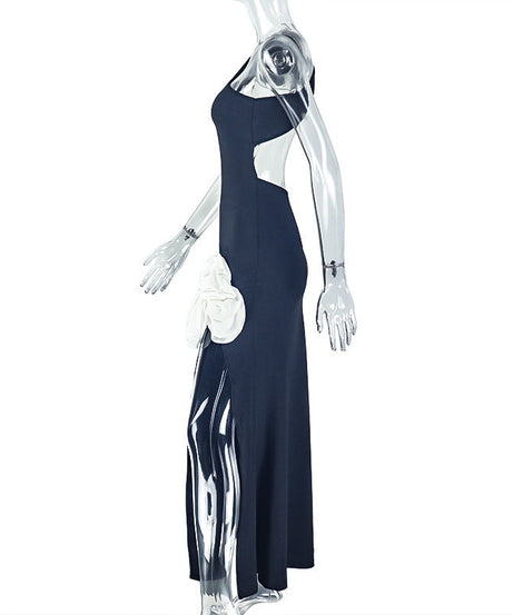 Elegant One-Shoulder Floral Appliqué Maxi Dress with High Slit - Perfect for Fall & Holiday Galas