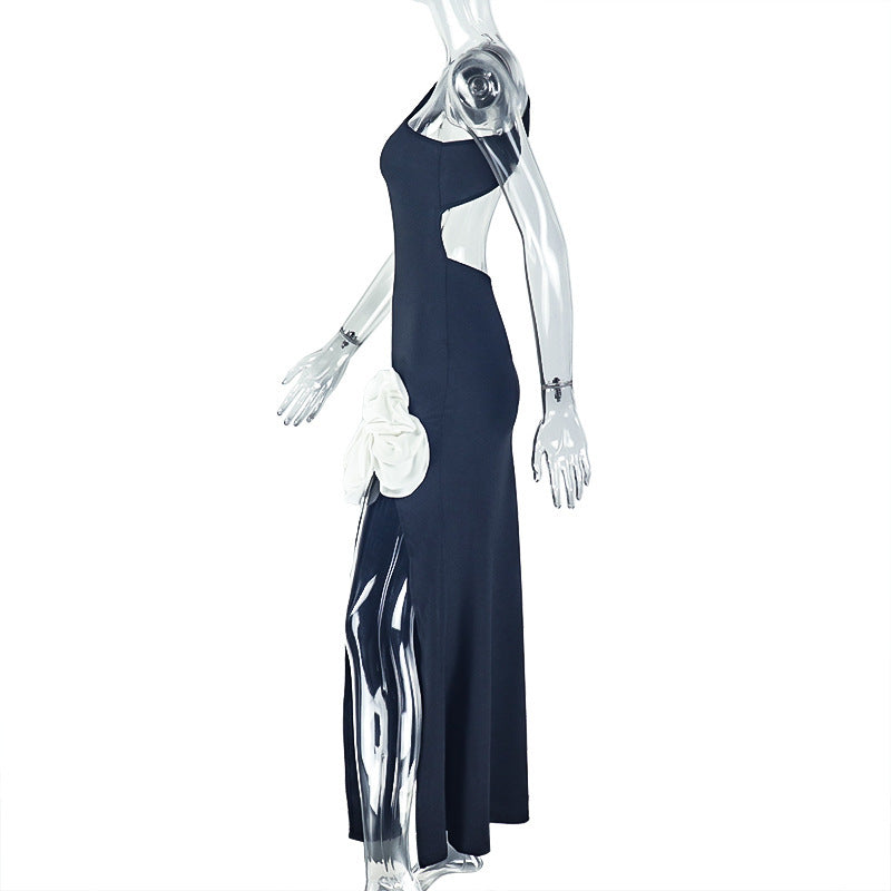 Elegant One-Shoulder Floral Appliqué Maxi Dress with High Slit - Perfect for Fall & Holiday Galas