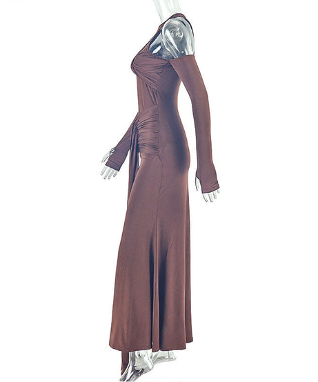Chic Asymmetrical One-Shoulder Maxi Dress - Rich Mocha Ruched & Draped Fall/Holiday Glamour
