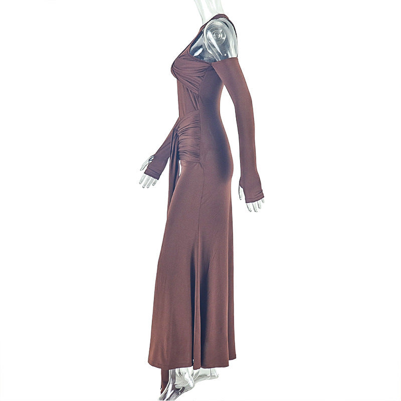 Chic Asymmetrical One-Shoulder Maxi Dress - Rich Mocha Ruched & Draped Fall/Holiday Glamour