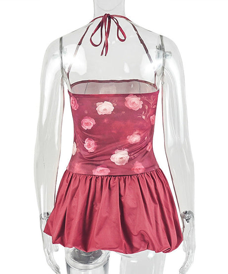 Autumn Rose Halter Mini Dress | Chic Bubble Hem & Romantic Floral Party Style