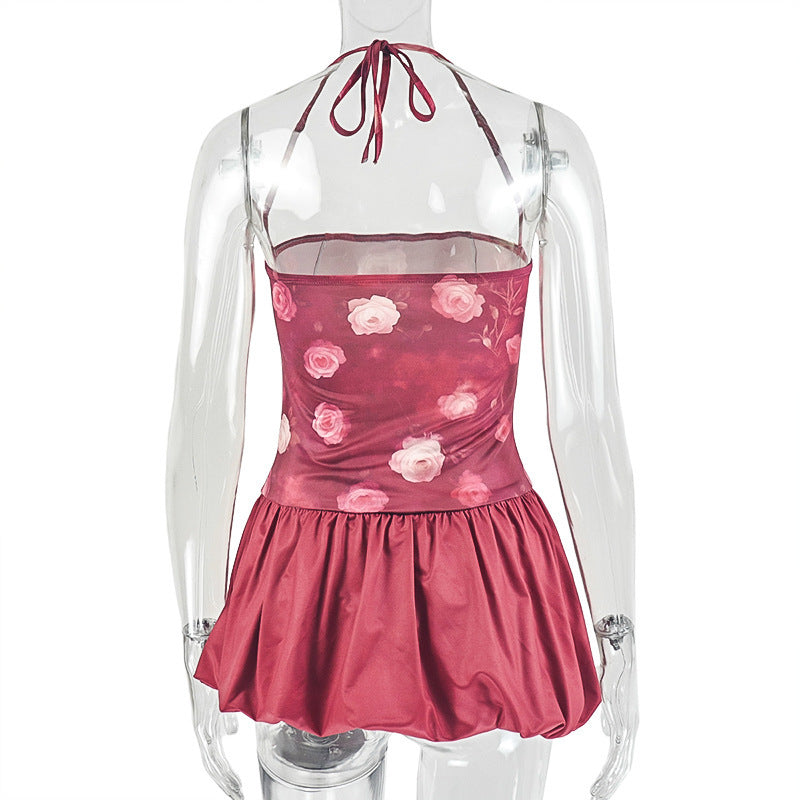Autumn Rose Halter Mini Dress | Chic Bubble Hem & Romantic Floral Party Style