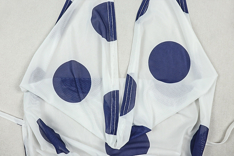 Chic Polka Dot Halter Maxi Dress - Ruched Mesh & High Slit for Fall Getaways