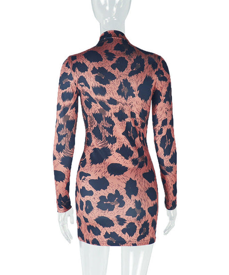 Sleek Fall Statement: High Neck Leopard Print Long Sleeve Bodycon Mini Dress