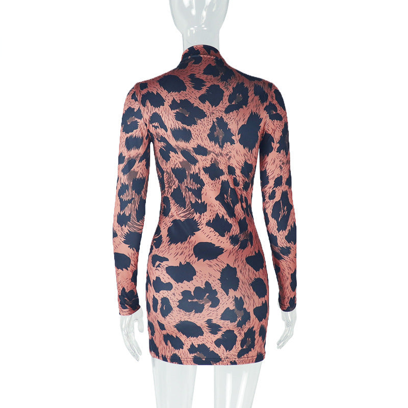 Sleek Fall Statement: High Neck Leopard Print Long Sleeve Bodycon Mini Dress