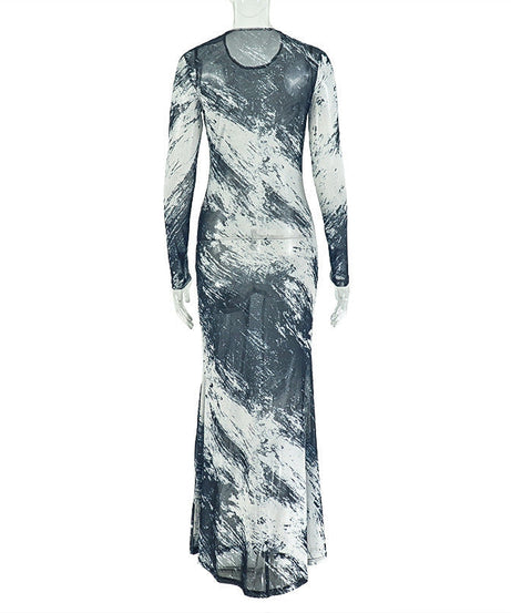 Fall Artistry Mesh Maxi Dress | Long Sleeve Abstract Brushstroke Sheer Bodycon