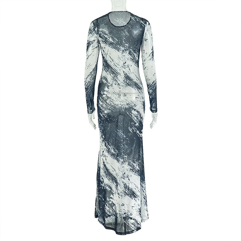 Fall Artistry Mesh Maxi Dress | Long Sleeve Abstract Brushstroke Sheer Bodycon