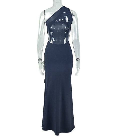 Elegant One-Shoulder Floral Appliqué Maxi Dress with High Slit - Perfect for Fall & Holiday Galas