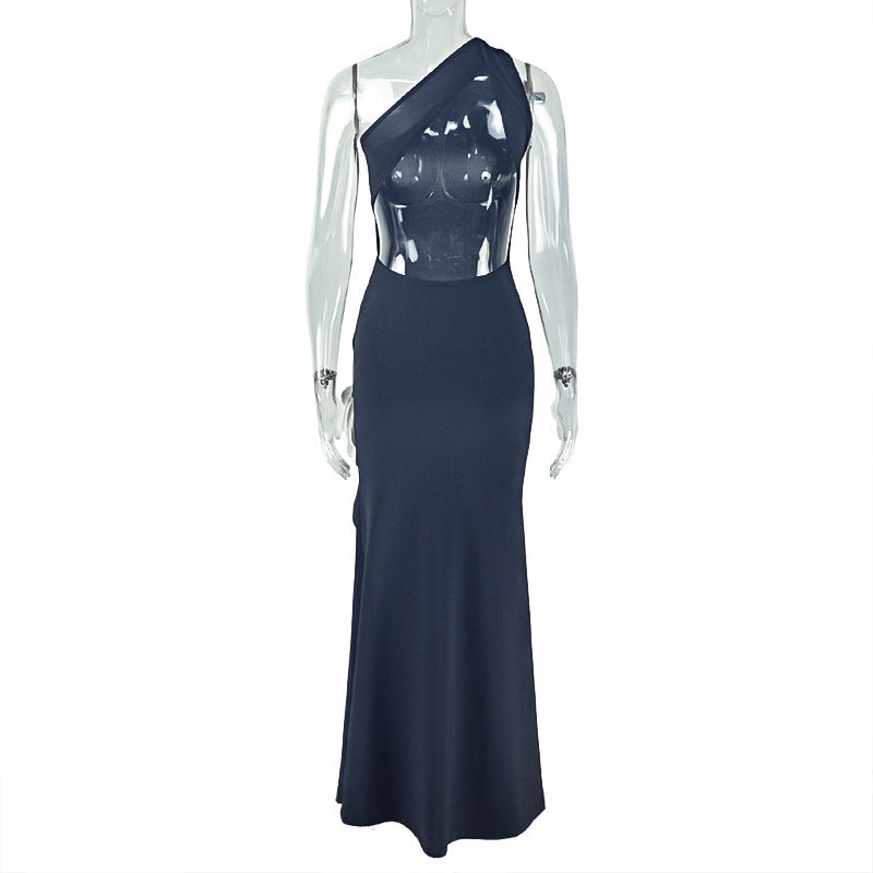 Elegant One-Shoulder Floral Appliqué Maxi Dress with High Slit - Perfect for Fall & Holiday Galas