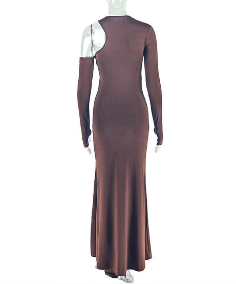 Chic Asymmetrical One-Shoulder Maxi Dress - Rich Mocha Ruched & Draped Fall/Holiday Glamour