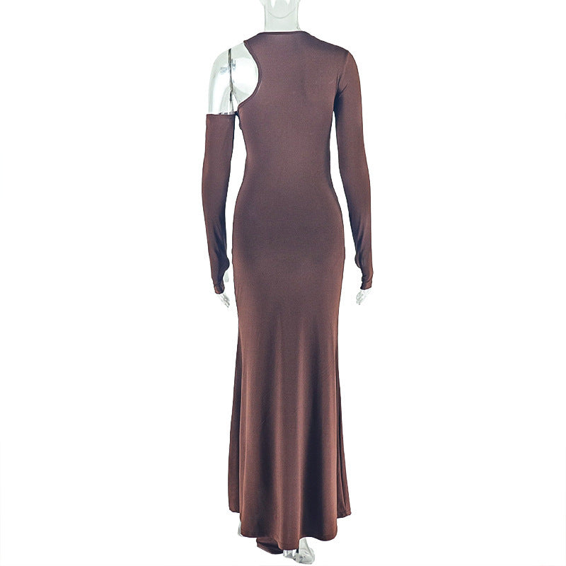 Chic Asymmetrical One-Shoulder Maxi Dress - Rich Mocha Ruched & Draped Fall/Holiday Glamour