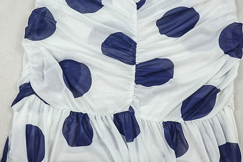 Chic Polka Dot Halter Maxi Dress - Ruched Mesh & High Slit for Fall Getaways