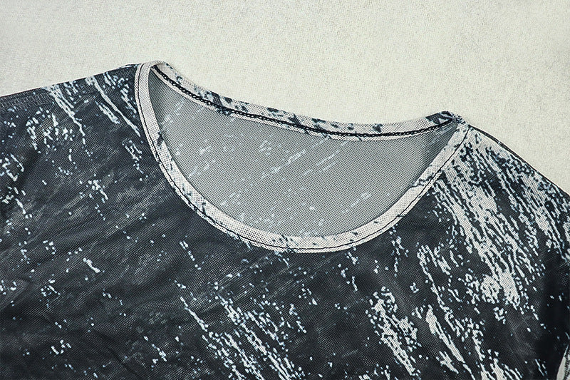 Fall Artistry Mesh Maxi Dress | Long Sleeve Abstract Brushstroke Sheer Bodycon