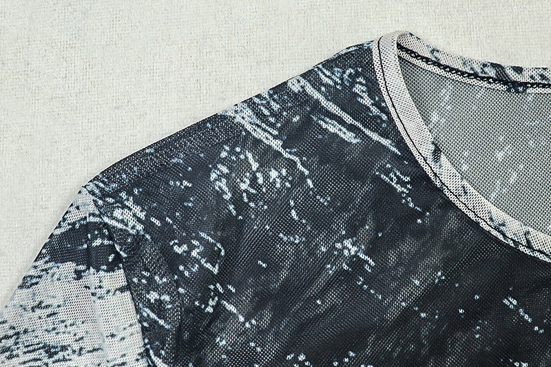 Fall Artistry Mesh Maxi Dress | Long Sleeve Abstract Brushstroke Sheer Bodycon