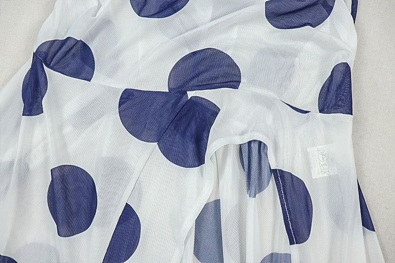 Chic Polka Dot Halter Maxi Dress - Ruched Mesh & High Slit for Fall Getaways