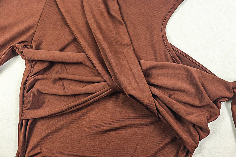 Chic Asymmetrical One-Shoulder Maxi Dress - Rich Mocha Ruched & Draped Fall/Holiday Glamour