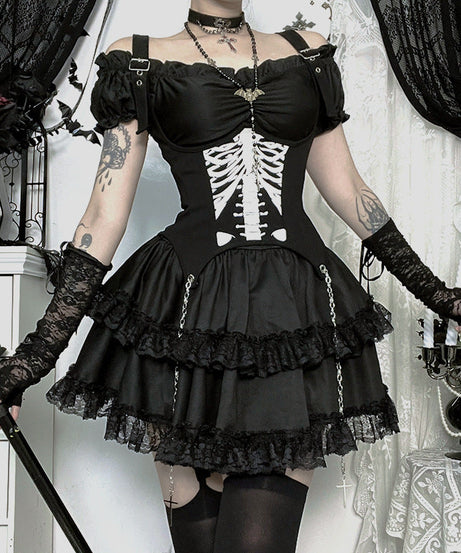 Spooky Chic Skeleton Rib Cage Goth Mini Dress - Off-Shoulder Halloween Party & Alt Style