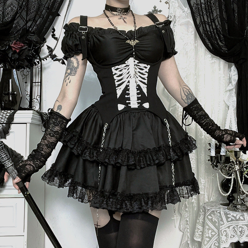 Spooky Chic Skeleton Rib Cage Goth Mini Dress - Off-Shoulder Halloween Party & Alt Style