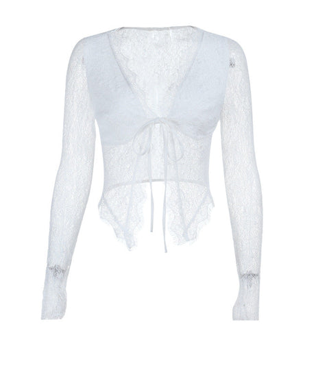 Chic White Lace Tie-Front Long Sleeve Crop Top - Perfect for Fall Layering & Date Nights
