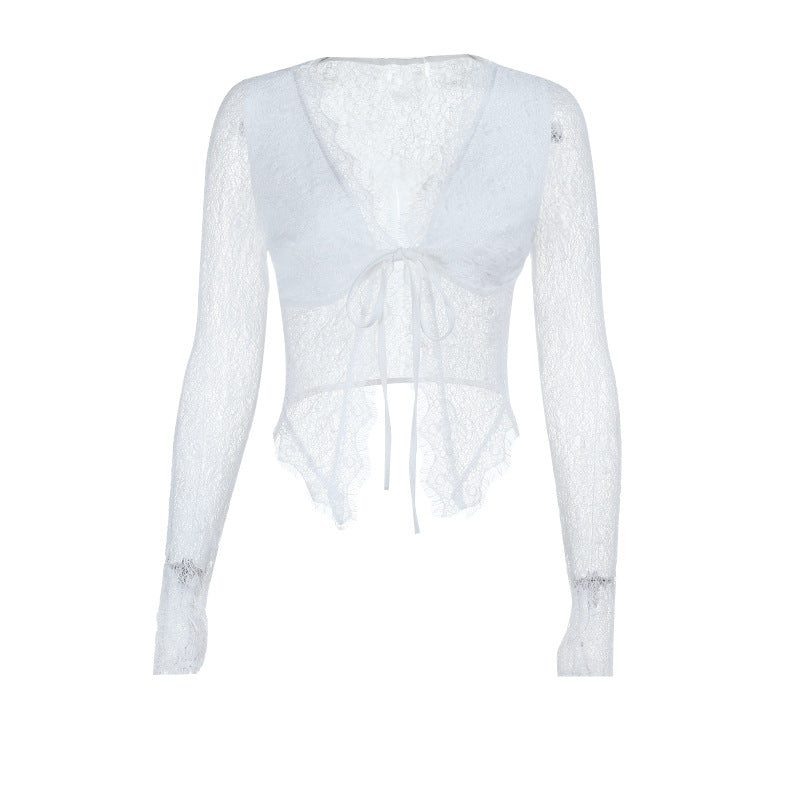 Chic White Lace Tie-Front Long Sleeve Crop Top - Perfect for Fall Layering & Date Nights