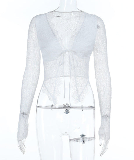 Chic White Lace Tie-Front Long Sleeve Crop Top - Perfect for Fall Layering & Date Nights