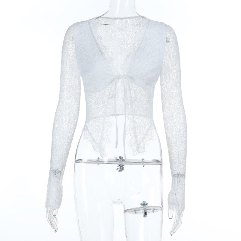 Chic White Lace Tie-Front Long Sleeve Crop Top - Perfect for Fall Layering & Date Nights