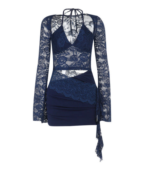 Sultry Midnight Blue Lace Halter Mini Dress with Cutouts – Fall Night Out