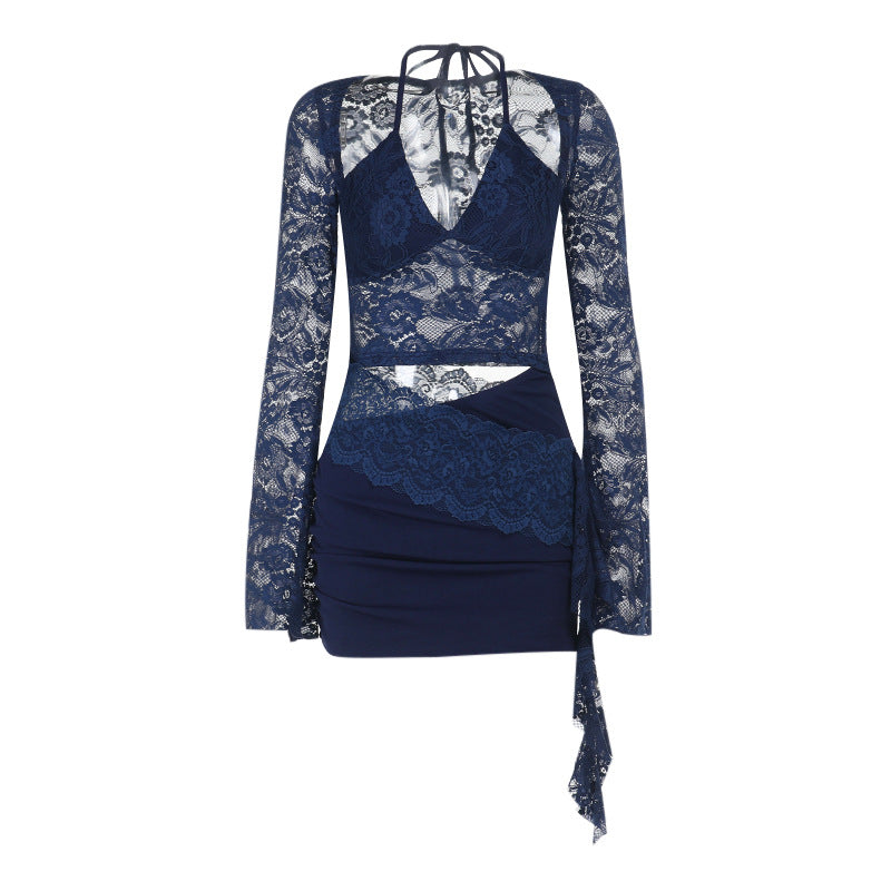 Sultry Midnight Blue Lace Halter Mini Dress with Cutouts – Fall Night Out