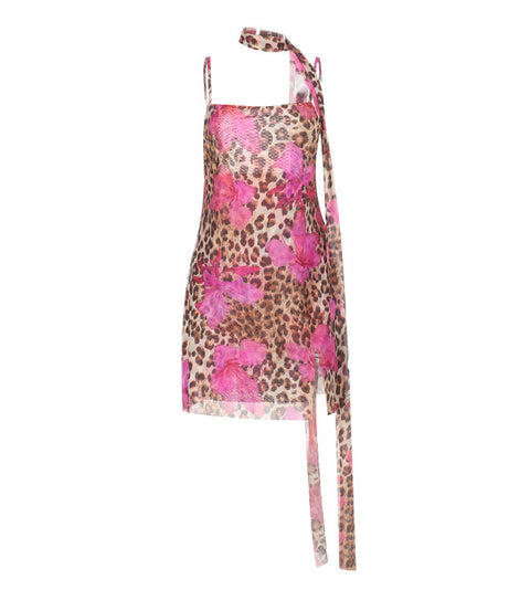 Fierce Pink Leopard Mesh Mini Dress with Chic Choker Tie – Your Ultimate Party & Vacation Statement