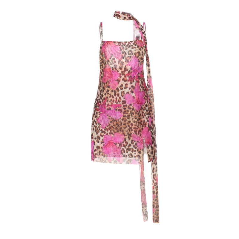 Fierce Pink Leopard Mesh Mini Dress with Chic Choker Tie – Your Ultimate Party & Vacation Statement