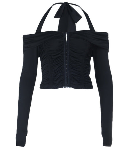 Chic Halter Off-Shoulder Ruched Crop Top | Corset Style Front for Fall Nights Out