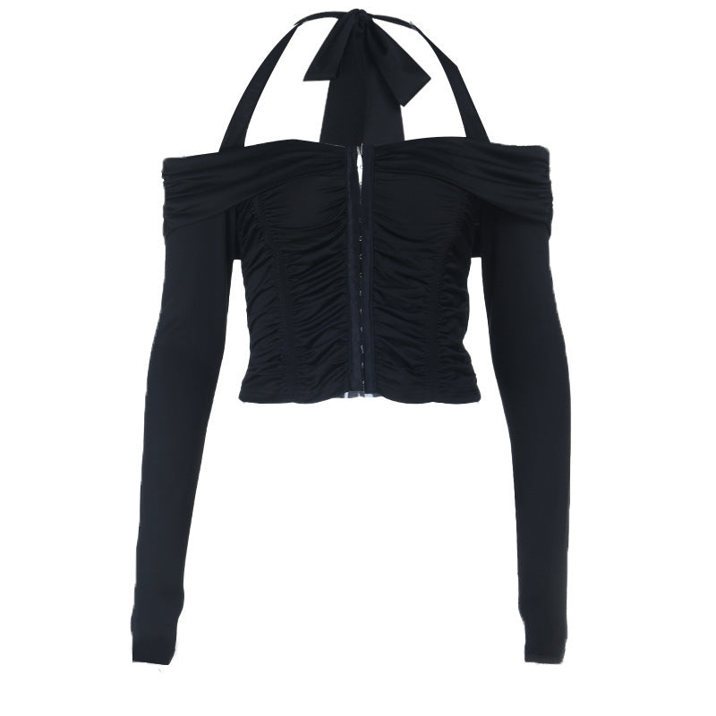 Chic Halter Off-Shoulder Ruched Crop Top | Corset Style Front for Fall Nights Out