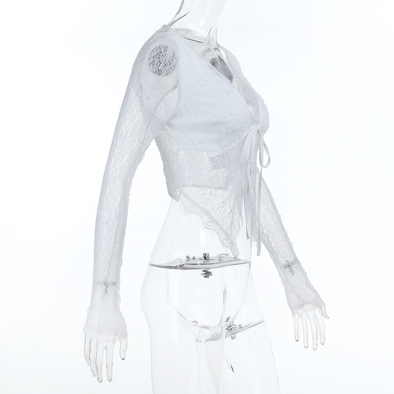 Chic White Lace Tie-Front Long Sleeve Crop Top - Perfect for Fall Layering & Date Nights