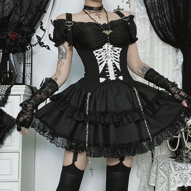 Spooky Chic Skeleton Rib Cage Goth Mini Dress - Off-Shoulder Halloween Party & Alt Style