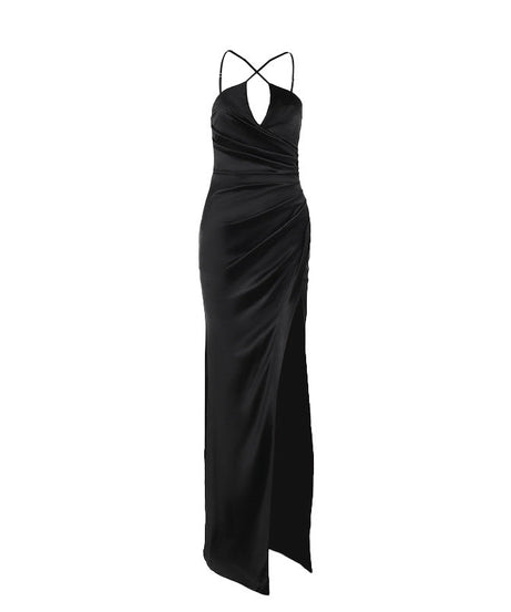 Glamorous Black Satin Criss-Cross Maxi Dress - Your Statement Piece for Fall & Holiday Events