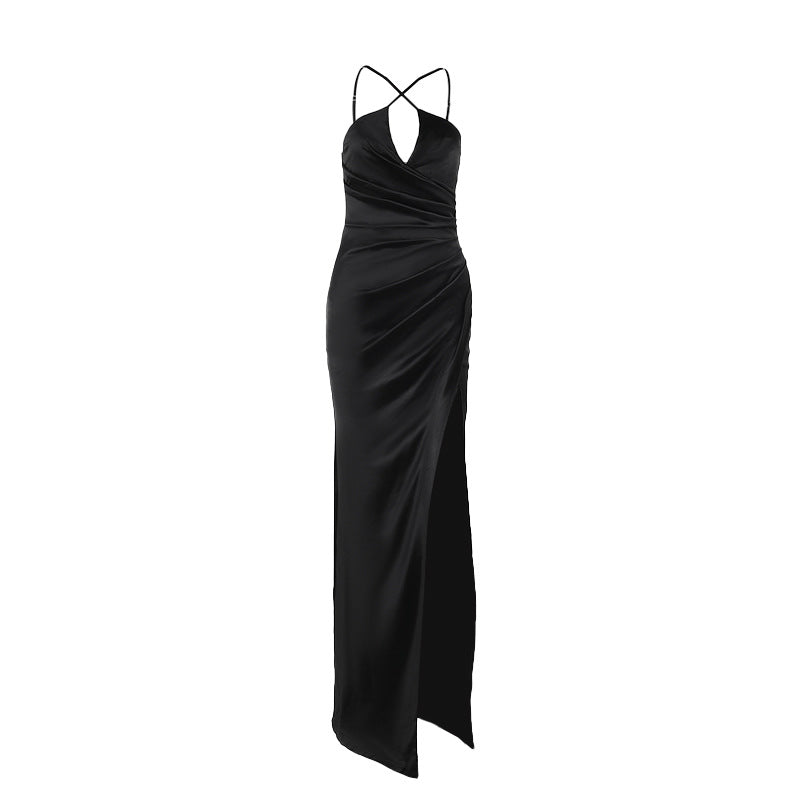Glamorous Black Satin Criss-Cross Maxi Dress - Your Statement Piece for Fall & Holiday Events