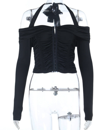 Chic Halter Off-Shoulder Ruched Crop Top | Corset Style Front for Fall Nights Out