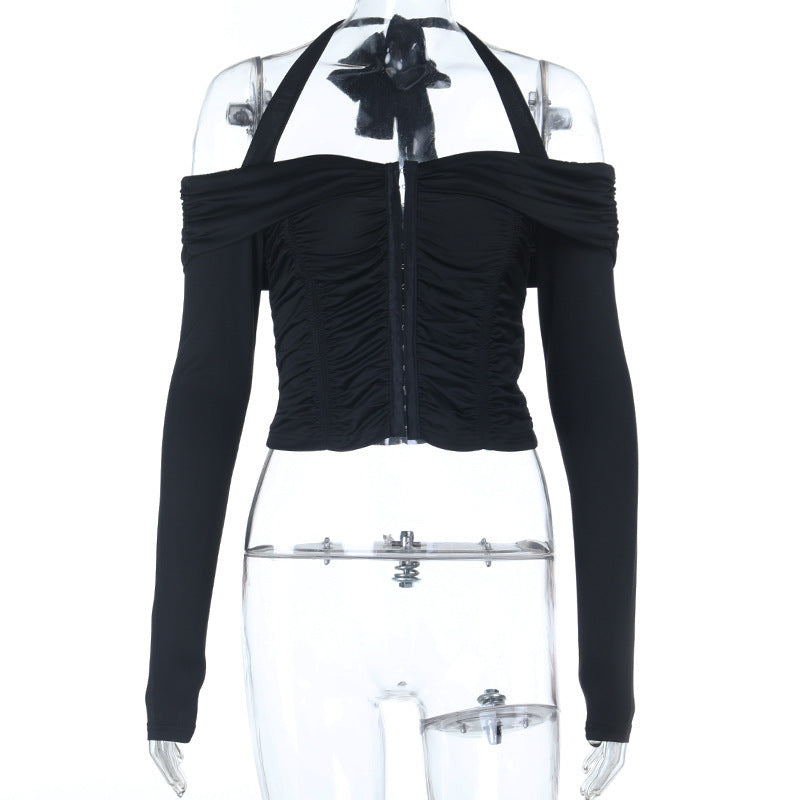 Chic Halter Off-Shoulder Ruched Crop Top | Corset Style Front for Fall Nights Out