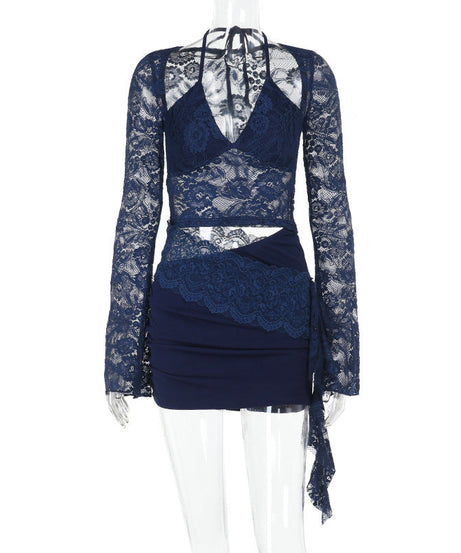 Sultry Midnight Blue Lace Halter Mini Dress with Cutouts – Fall Night Out