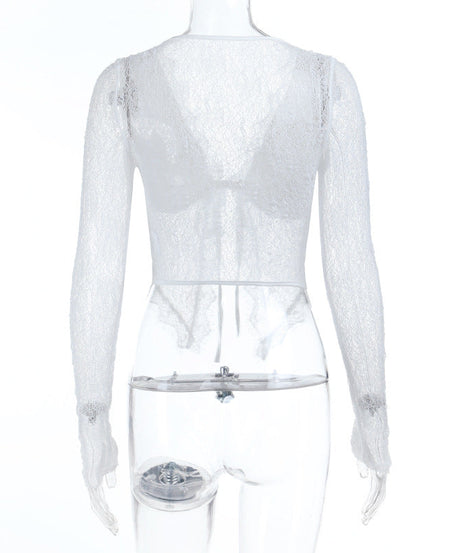 Chic White Lace Tie-Front Long Sleeve Crop Top - Perfect for Fall Layering & Date Nights