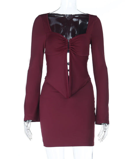 Autumn Glow Burgundy Ruched Front Long Sleeve Mini Dress - Chic Bodycon for Fall & Holiday Parties