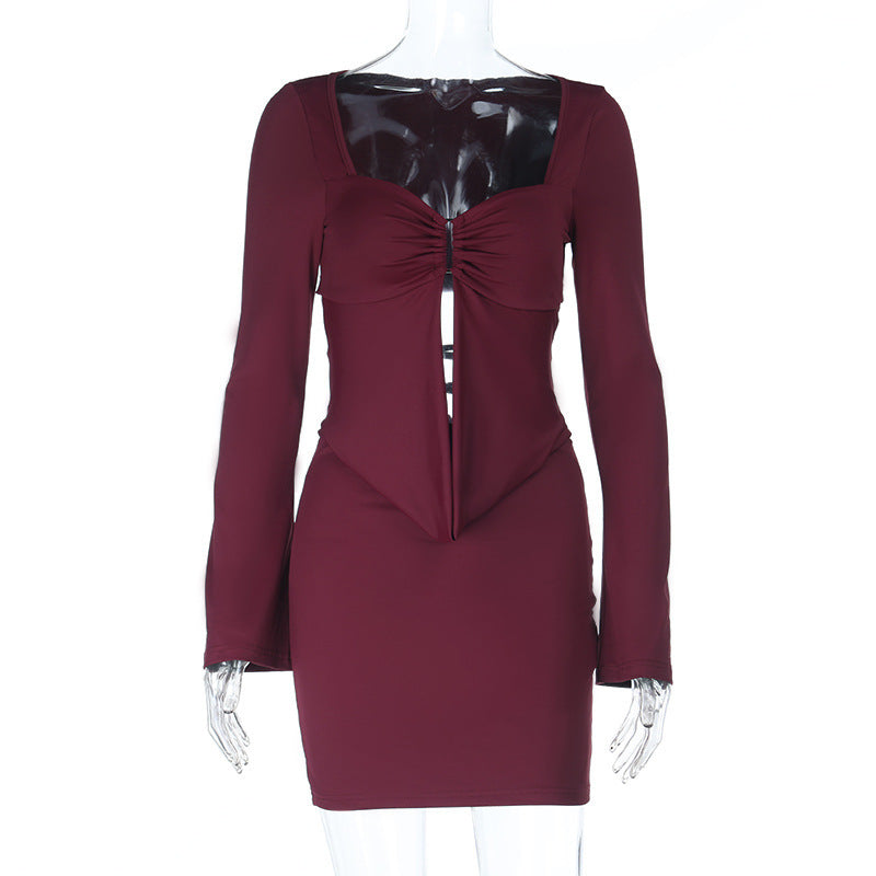 Autumn Glow Burgundy Ruched Front Long Sleeve Mini Dress - Chic Bodycon for Fall & Holiday Parties