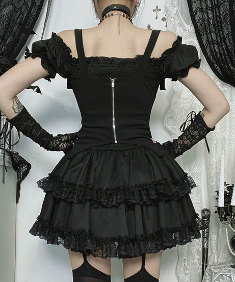 Spooky Chic Skeleton Rib Cage Goth Mini Dress - Off-Shoulder Halloween Party & Alt Style