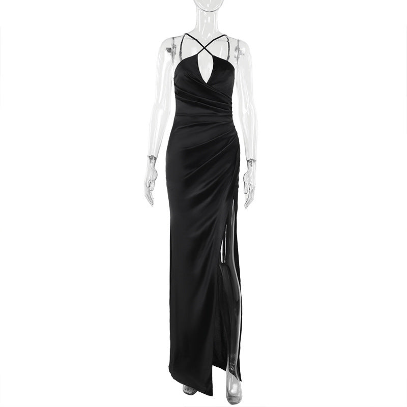 Glamorous Black Satin Criss-Cross Maxi Dress - Your Statement Piece for Fall & Holiday Events