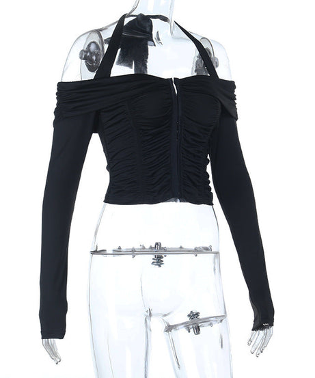 Chic Halter Off-Shoulder Ruched Crop Top | Corset Style Front for Fall Nights Out