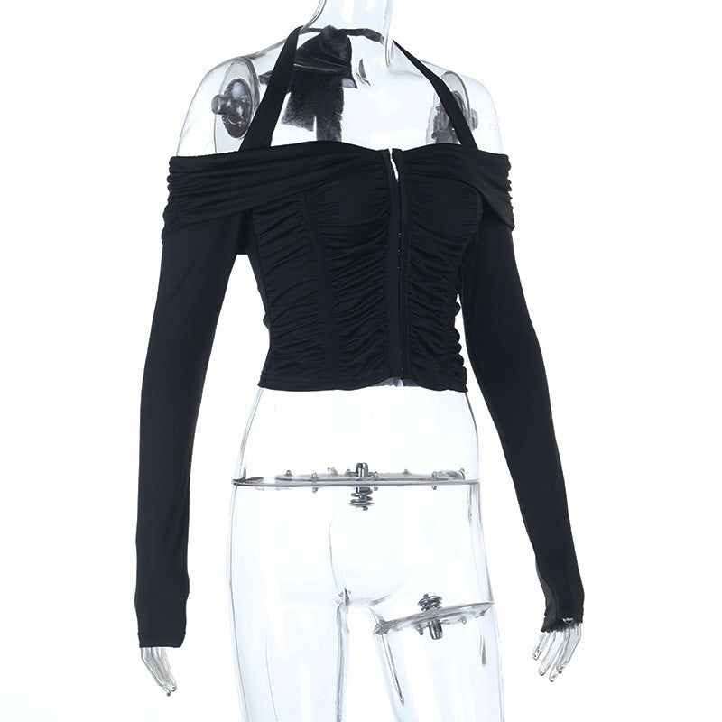 Chic Halter Off-Shoulder Ruched Crop Top | Corset Style Front for Fall Nights Out